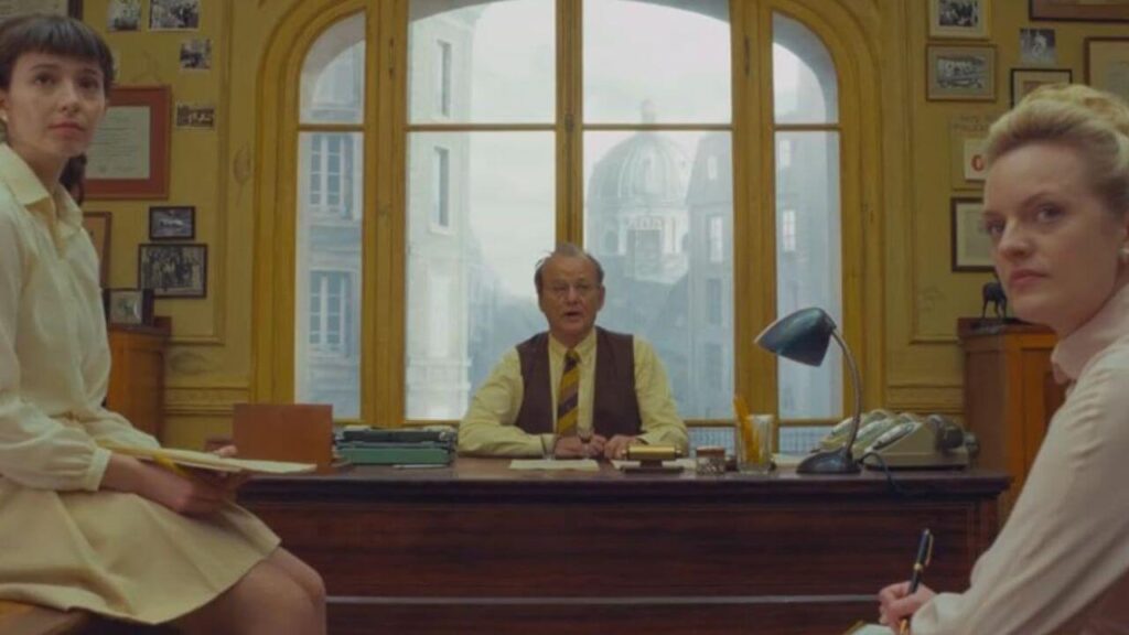 Bill Murray, Elisabeth Moss, and Anjelica Bette Fellini in The French Dispatch