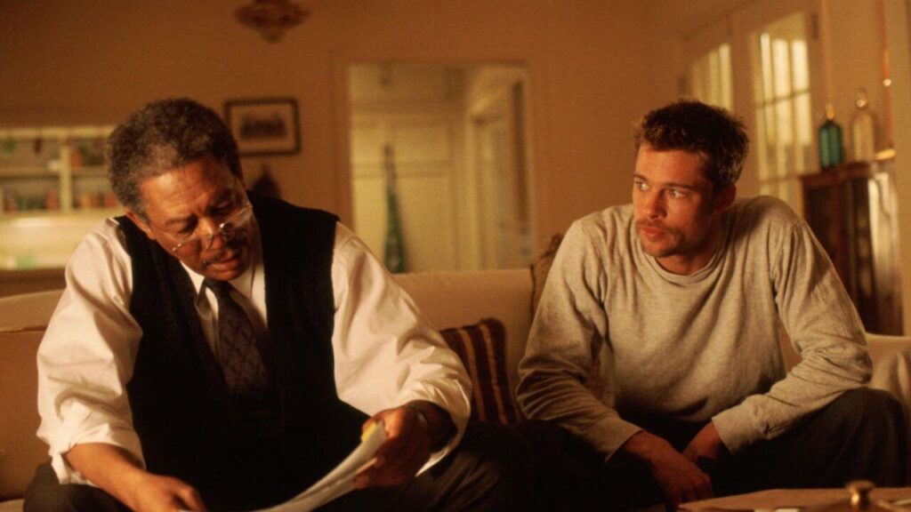 Brad Pitt and Morgan Freeman in Se7en (1995)