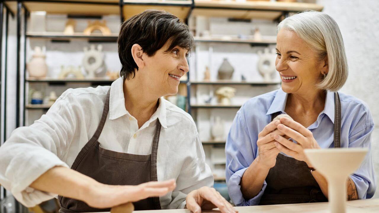 Two Old Women Crafting Pottery Together